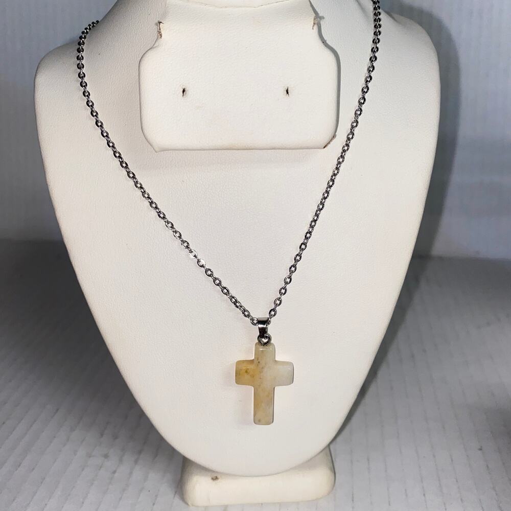 Women's Natural Brown Stone Cross Silver-Tone Fashion Necklace